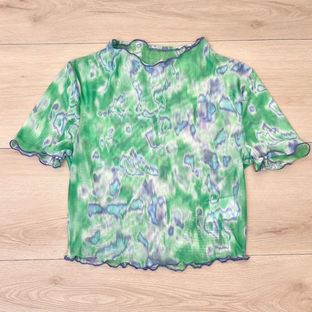 Green Abstract Marble Print Stretch Mesh See-through Baby Tee Lettuce Trim Sz M